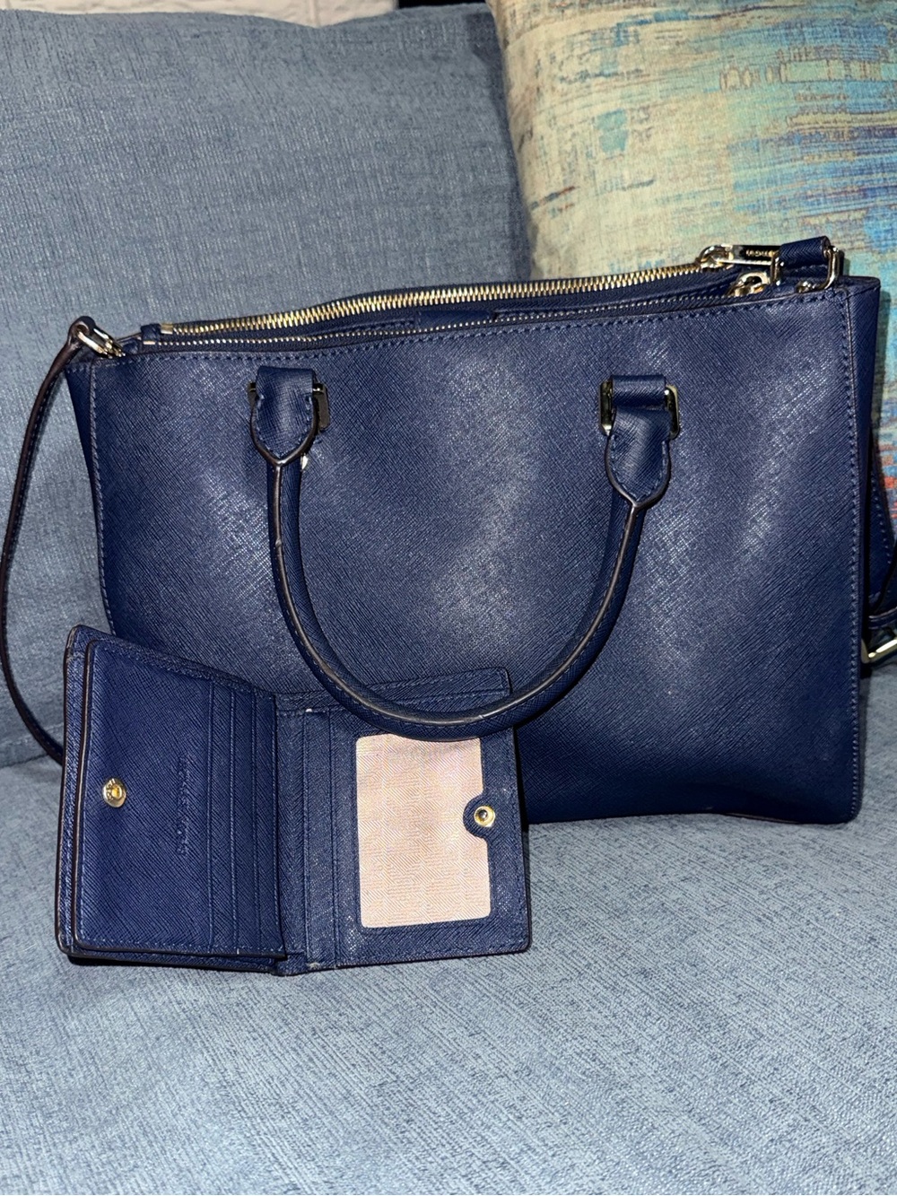 Michael Kors Navy Saffiano Leather Satchel with Wallet and MK Charm - Picture 2 of 5